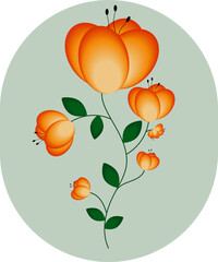 Flower with orange gradient petals and green stems and leaves in an oval
