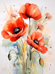 Wall Mural - watercolor painting with some red poppy flowers - generative AI