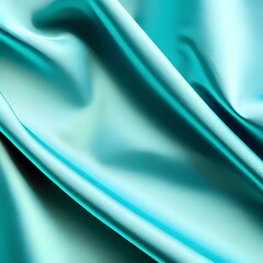 Blue green silk satin. Soft wavy folds. Shiny silky fabric. Dark teal color elegant background with space for design. Curtain.