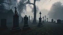 Discover The Chilling Atmosphere Of A Scary Cemetery Shrouded In Mist. Great For Ghost Tours And Paranormal Investigations, Offering A Supernatural Experience..