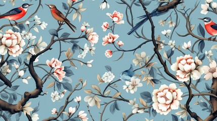 Wall Mural - Chinoiserie pattern, flowers and birds, background 16:9