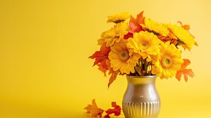 Wall Mural - fall flowers in a vase on a yellow background with copy space for your text or image, this is the best way to use