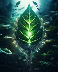 Futuristic composition of green digital circuit, motherboard, chips, on a dark background in the form of a leaf. Concept of green energy, sustainability and biotechnology.