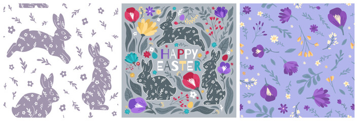 Set of Happy Easter cards and seamless patterns. Colorful bright modern illustrations with rabbits, eggs, flowers, and text.