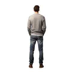 a man in jeans gazing upwards isolated on a transparent background seen from behind