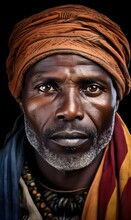 Portrait Of An African Black Man In National Headdress, Tribe, Africa