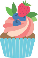 Poster - Cream swirl cupcake with fresh berries. Sweet pastry