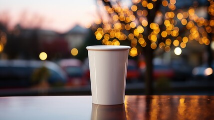 Wall Mural - A plain white ceramic cup mock up on an outdoor table in the winter. Generative AI. 