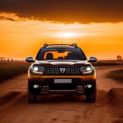 Wall Mural - the front end of a yellow nissan terrax suv parked on a dirt road at sunset with an orange sky in the background