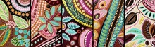 Stylised Abstract Theme Of Traditional Art. Coffee Beans Inspirited Elements. Bright Vibrant Colours And Abstract Pattern Inspired By Nature. Panel With 5 Patterns. AI Generated Digital Design..