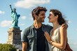 © Anne Schaum - Couple in their 30s smiling in front of the Statue of Liberty in New York USA
