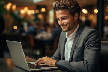 Poster - Photo of happy young businessman using laptop computer and talking on smartphone in hotel hall. Generative Ai.