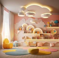 Canvas Print - a child's room with pink walls and white clouds on the wall, colorful rugs and yellow chairs