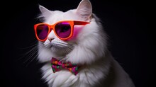 A White Cat Wearing Red Sunglasses And A Pink Bow Tie, On A Black Background With Space For Your Text