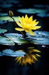 Wall Mural - a yellow water lily in the middle of a pond, with its reflection on the water's surface photo by person