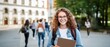 © khwanchai - positive European woman student wearing backpack glasses holding books and tablet in university, Generative AI