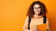 © khwanchai - Young student woman wearing backpack holding book over isolated orange background, learning and educational back to school concept, Generative AI