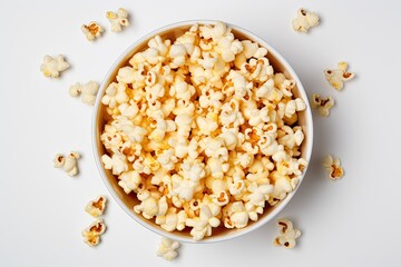 Top-down view of a bucket of popcorn on white background, Isolated for illustration. Generative AI