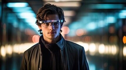 Wall Mural - a young man wearing google glasses, standing in an office hallway at night time with his head tilted to the camera