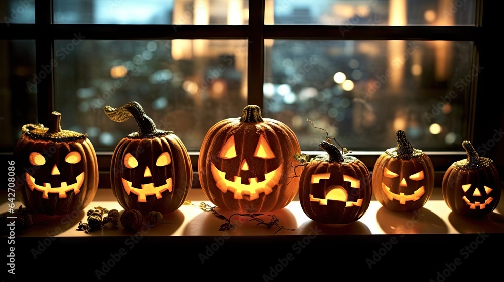 halloween pumpkins sitting on a windowsill in front of a window with ...