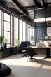 © titas - A contemporary loft office interior with a warm, inviting atmosphere and a sleek, modern design. 3D rendering with a focus on the textures and colors of the furniture and decor.