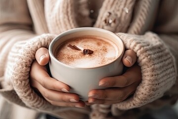 Wall Mural - a woman holding a cup of hot chocolate latte in her hands, with text overlaying the image