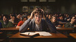 © Sunshine Design - Young student sits at the front of a classroom with open book, his hand clutching his head from stress or anxiety from test or exam