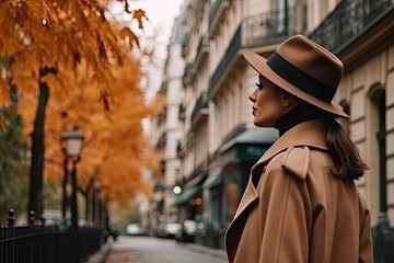 Wall Mural - a woman in a brown coat and hat walking down the street with her back to the camera, she is wearing a wide br