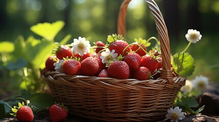 Wall Mural - Strawbery field basket fresh picked berries