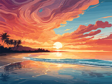 Design An Intricate Vector Artwork Of A Beach In The Evening, Where The Sun Dips Below The Horizon, Casting Warm Hues Across The Sky And Shimmering Reflections On The Calm Ocean Waves.
