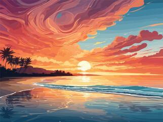 Design an intricate vector artwork of a beach in the evening, where the sun dips below the horizon, casting warm hues across the sky and shimmering reflections on the calm ocean waves.