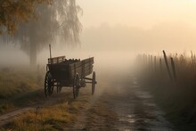 An Old Wooden Cart On A Foggy Road In The Country Side, With Trees And Fenced Off To The Right