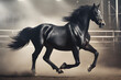 A powerful black horse in full stride was captured while running.