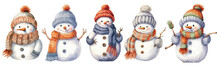 Set Of Snowman Christmas Theme Watercolor Illustration, Snowman Isolated White Transparent Background, PNG , Generative AI
