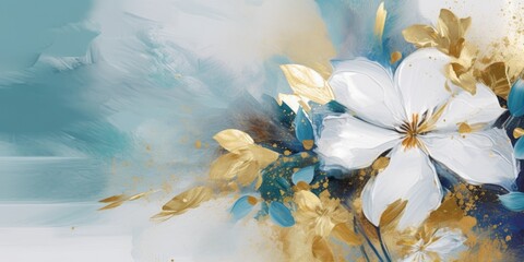 Wall Mural - Beautiful abstract gold and blue impressionistic floral design background. beautiful Generative AI AIG32