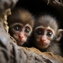 Close Up Portrait Of Two Baby Monkeys