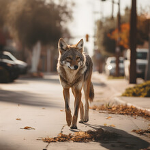 Coyote Walking The Streets In An Urban Residential Area. Represents Wild Animals Found In City Neighborhoods. Generative Ai. 