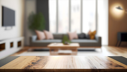 Wood table with blurred modern apartment interior background, Empty wooden tabletop with blurred living room background, Ai generated 