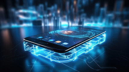 Futuristic Cellphone Mobile Smartphone With High Tech App to Control AI Space Travel Programming Software on Table Generative AI 