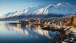 Reykjavik city with midnight sun and mountains background