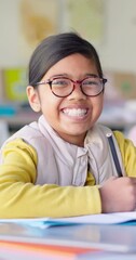 Poster - Face, education and learning with girl in classroom for study, knowledge and writing. Scholarship, happy and future with portrait of young student at school for academy, exam test and project