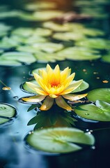 Wall Mural - a yellow water lily in the middle of a pond, with green leaves surrounding it and sunlight reflecting on the water