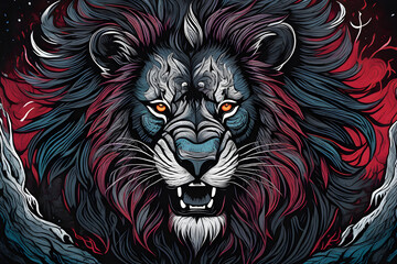 beautiful detailed colored linocut art style of a giant lion head angry staring at you.