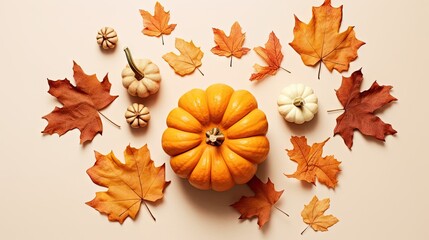 Wall Mural - autumn leaves and pumpkins on a white background with copy - up text that reads, fall is the best time to celebrate