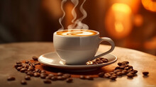 A Cup Of Hot Coffee Latte And Freshly Roasted Coffee Beans On The Table In The Morning, Background With Copy Space, Close Up Shot.