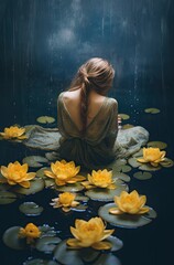 Wall Mural - a woman sitting in the water surrounded by yellow lotuses, with her back to the camera she is wearing a long sleeved