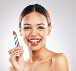 Canvas Print - Woman, red and lipstick in portrait, makeup and beauty, cosmetics with skin glow isolated on white background. Cosmetology, color and face with skincare, product with smile and self care in studio