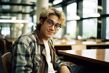 Wall Mural - a young man with glasses sitting at a table in a coffee shop, looking into the camera lens and smiling