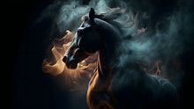 Artisticly Lit Horse Head With Smoke And Fumes On Black Background. Neural Network Generated In May 2023. Not Based On Any Actual Scene Or Pattern.