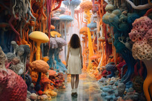 Wandering Amidst Mycelium's Kaleidoscope A Girl Strolls Through A World Of Vibrant And Diverse Colors